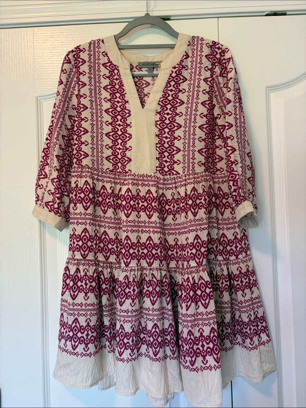 Girls' Magenta Printed Cotton Dress with V-Neck